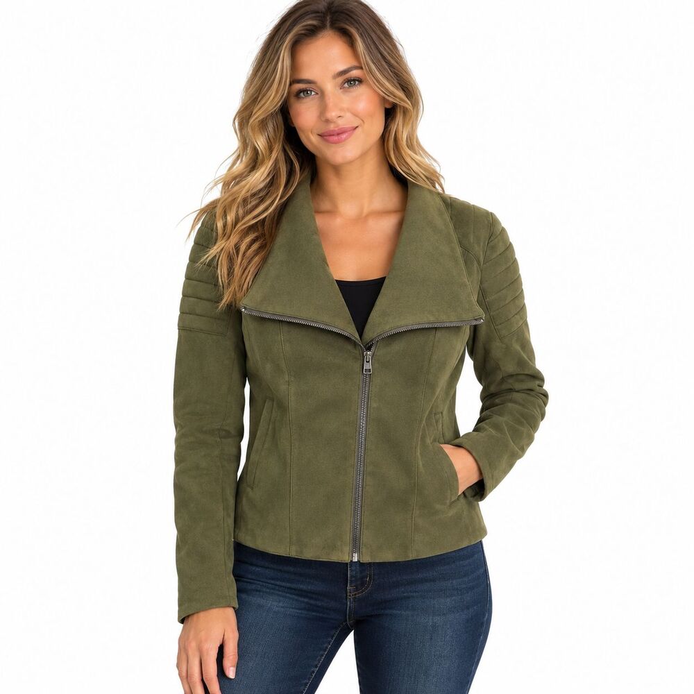 Daytrip Women's S Olive Green Fauz Suede Moto Jacket Quilted Full Zip Biker
